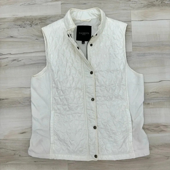 Talbots quilted zip up white cream Winter warm puffer vest Petite Sz Lg - Picture 1 of 4